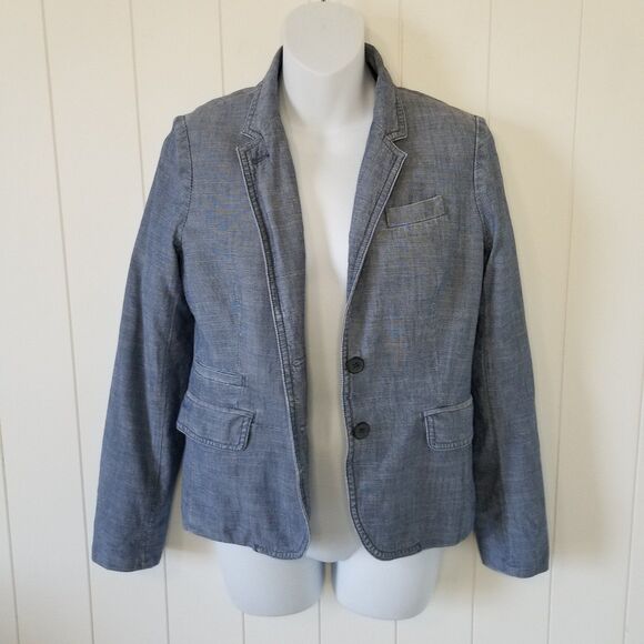 J. Crew Women’s BlazerJacket Blue Chambray 100% Cotton Size 4 Office - Picture 1 of 10